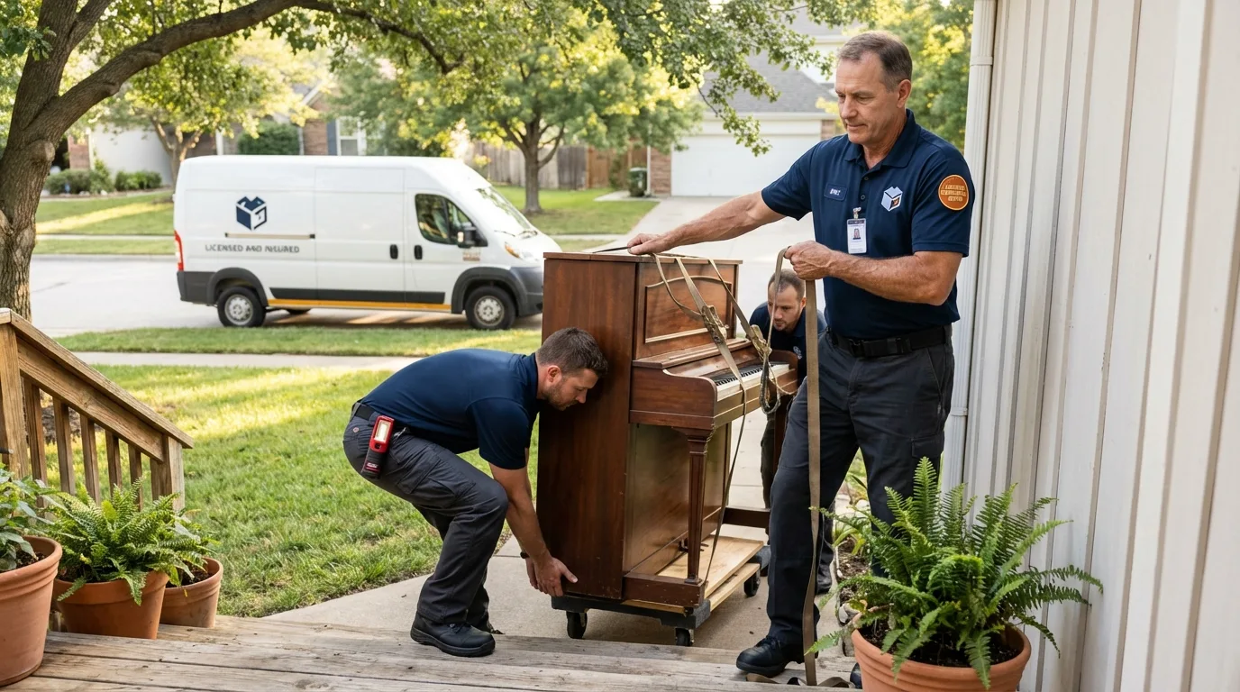 Licensed piano movers securing grand piano in Harrisonburg, VA
