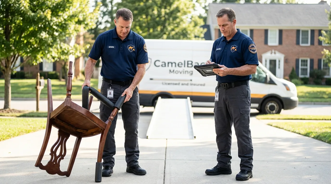 Movers inspecting furniture for damage prevention before loading in Harrisonburg, VA