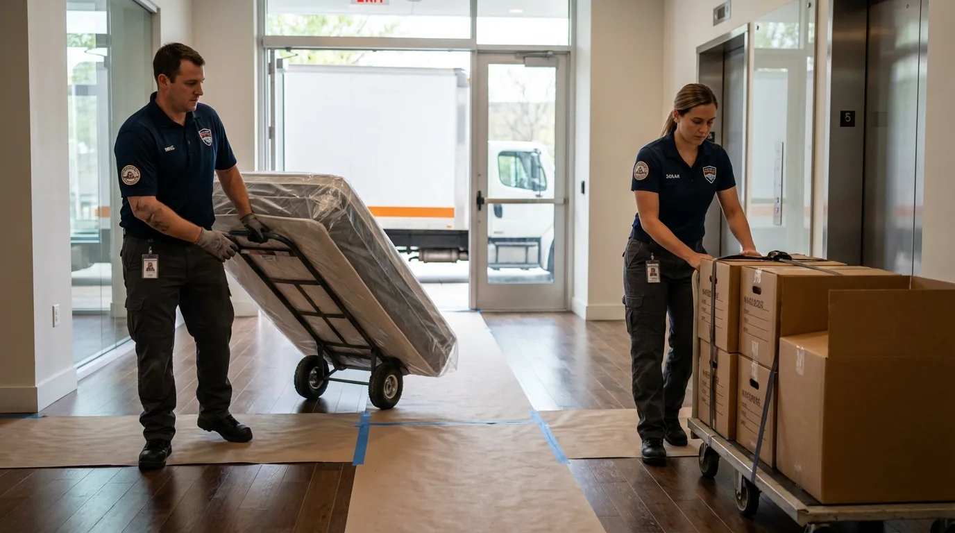 Professional apartment movers loading elevator in Harrisonburg, VA