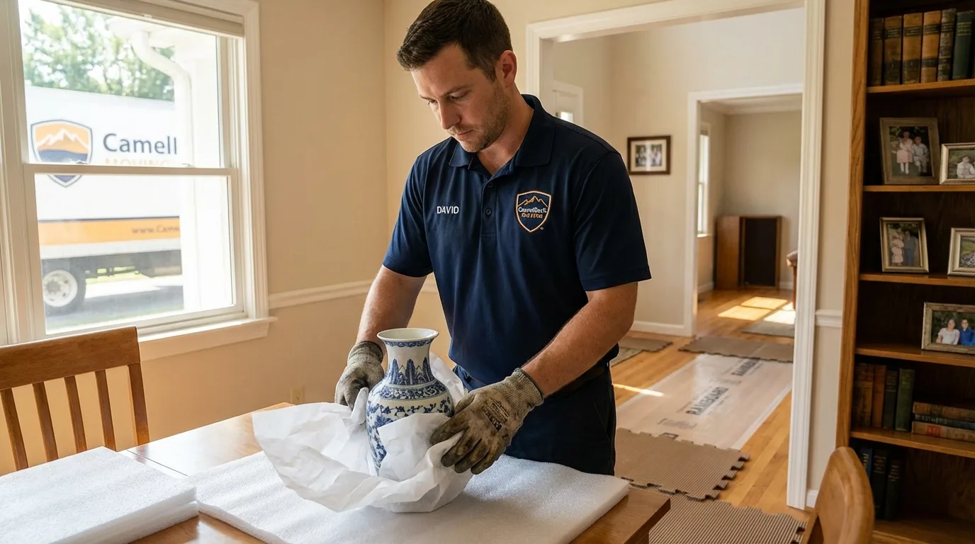 Professional crew carefully wrapping antique vase for senior downsizing move in Harrisonburg, VA